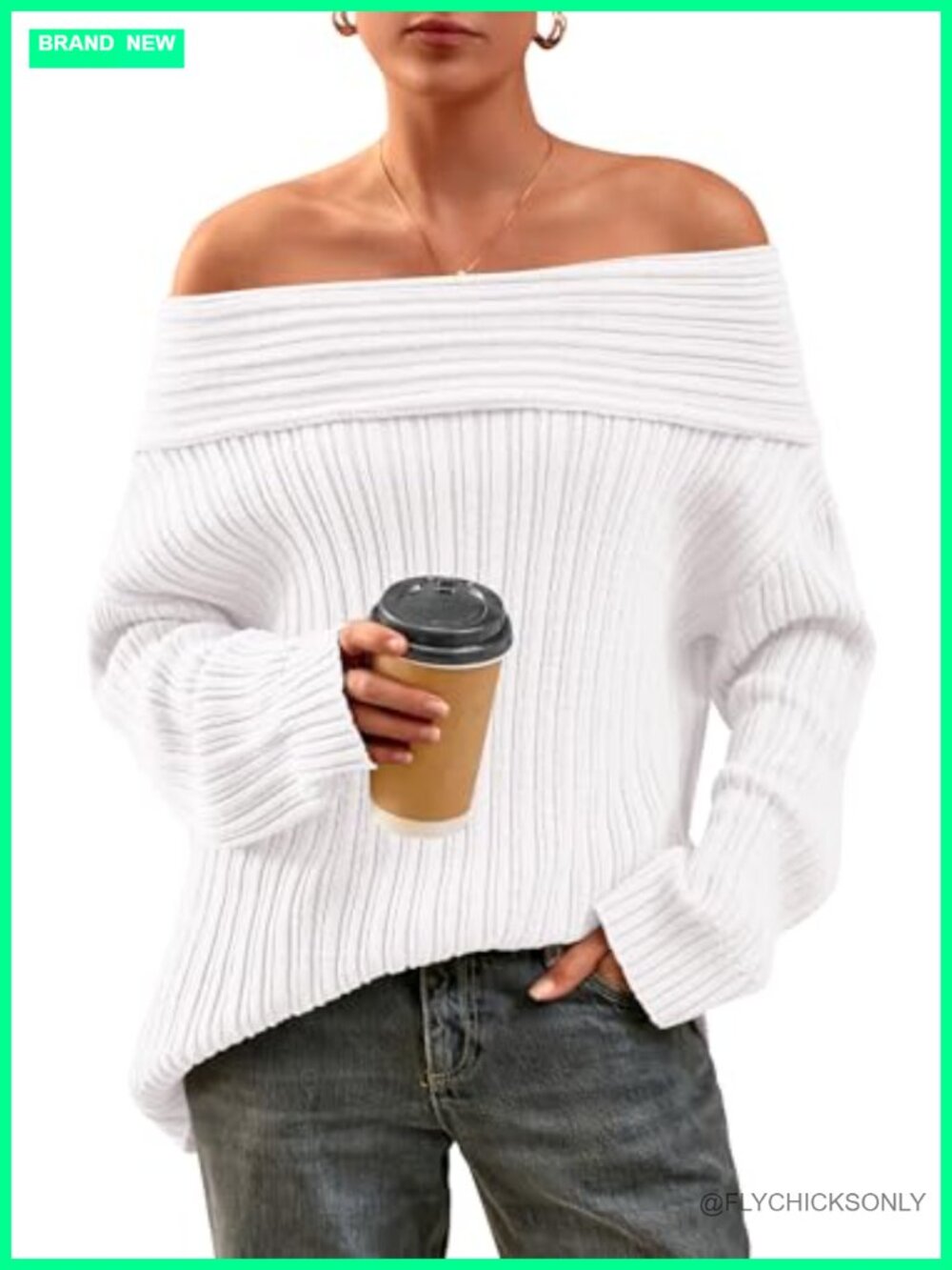 Off Shoulder Oversized Ribbed Knit Pullover Sweater Long Sleeve